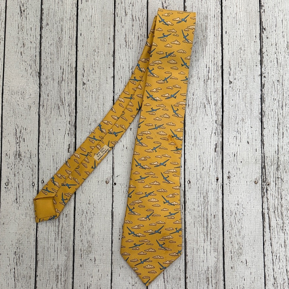 Hermes Yellow Airplane Cloud Printed Silk Tie